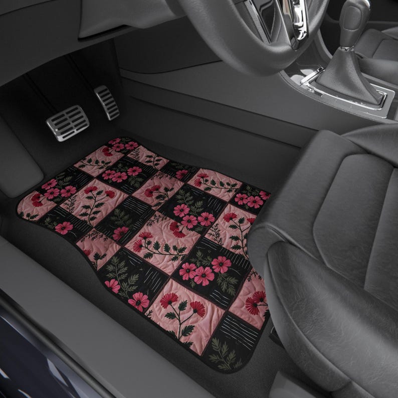 Floral Patchwork Car Mats, Set, Pink Vintage Floral Floor Mats, Custom Car Accessories, Holiday Gift for Garden Lovers, Boho Rose Chic Decor