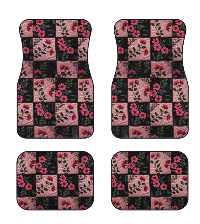Floral Patchwork Car Mats, Set, Pink Vintage Floral Floor Mats, Custom Car Accessories, Holiday Gift for Garden Lovers, Boho Rose Chic Decor