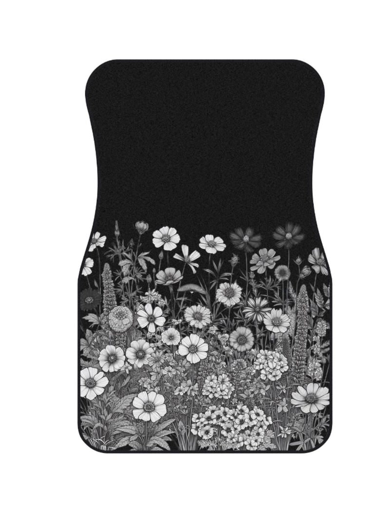 Wildflower Car Mats Set, Cute Boho Car Floor Mats, Black, White Flower Print All-Season Mats, Decorative Auto Accessories, Gift for Drivers