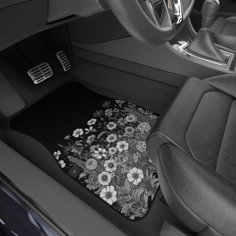 Wildflower Car Mats Set, Cute Boho Car Floor Mats, Black, White Flower Print All-Season Mats, Decorative Auto Accessories, Gift for Drivers